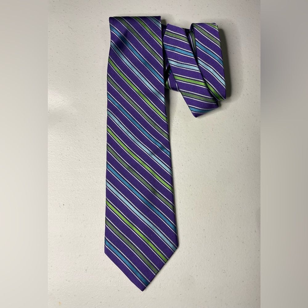 Brooks Brothers Makers Necktie Tie Purple Green blue Striped 100% Silk 3.5x59"